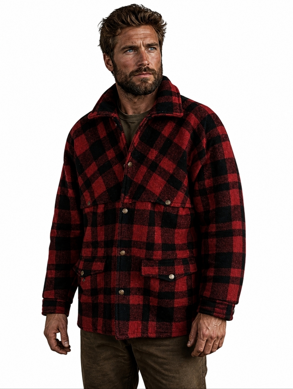 Pioneer Sportswear Mackinaw Wool Coat Red Black Buffalo Plaid Hunting Men's L